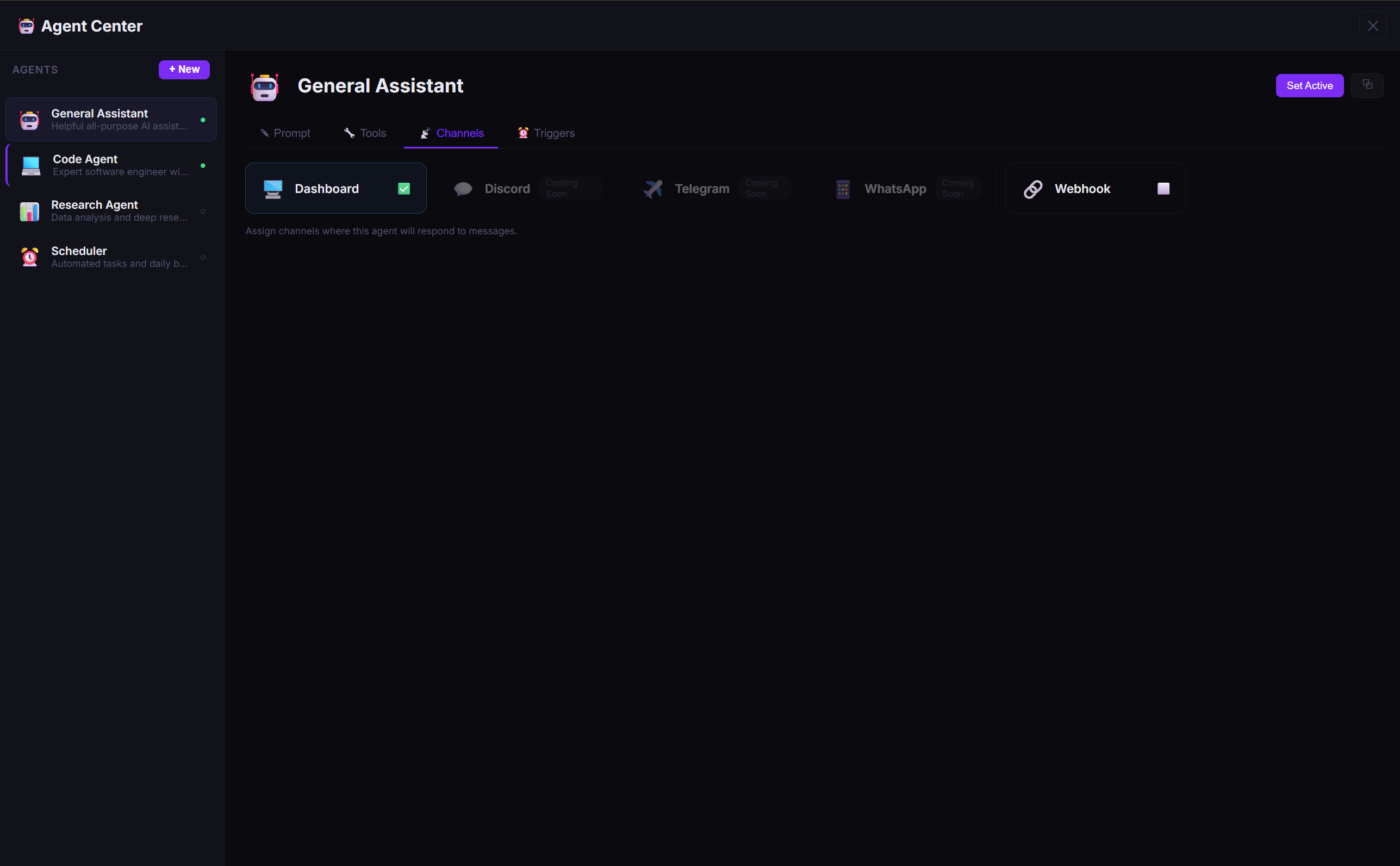 Agent Center — channels: Dashboard, Discord, Telegram, WhatsApp, Webhook