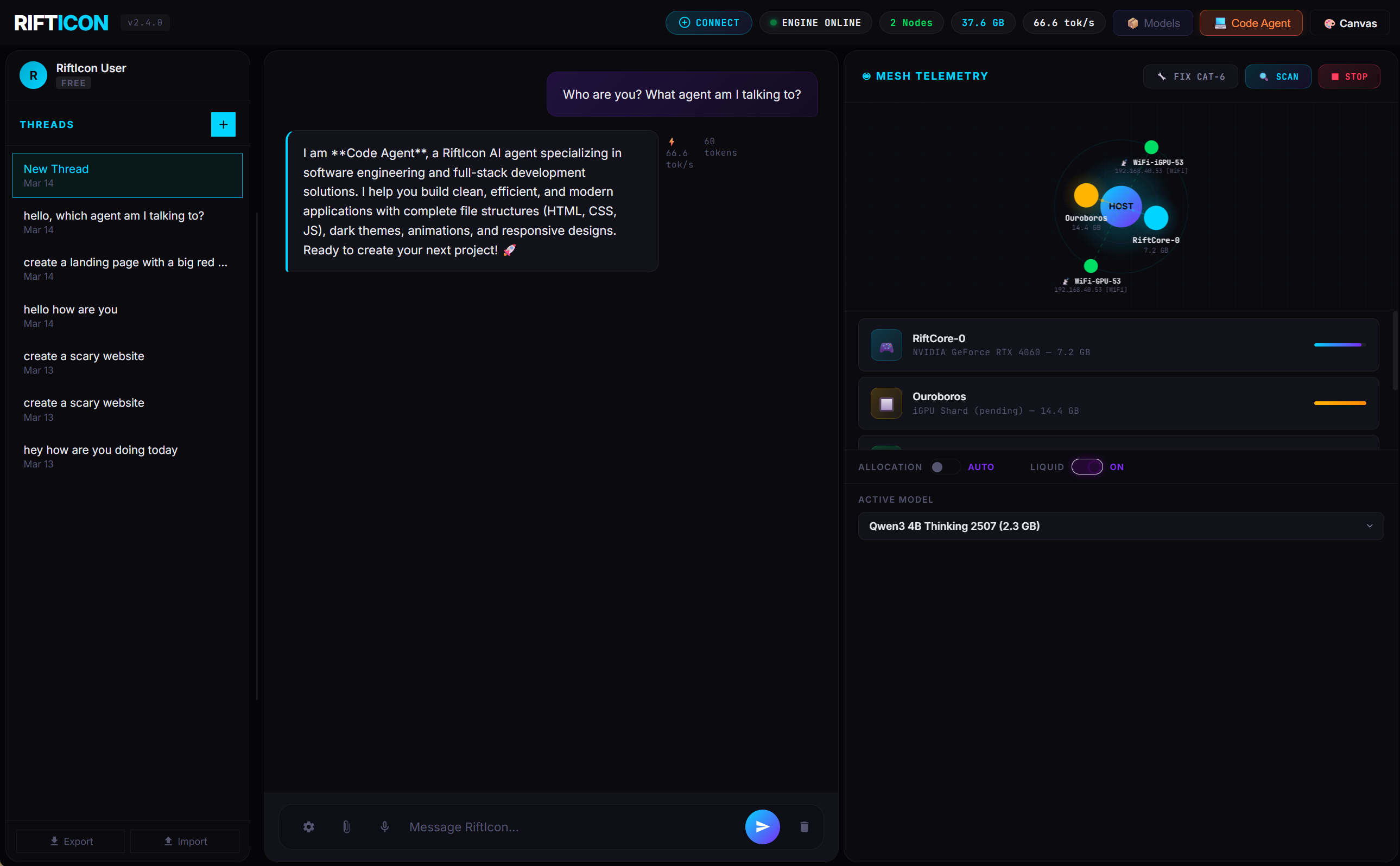 Code Agent chatting in RiftIcon dashboard — 66 tok/s, 2 nodes, mesh telemetry