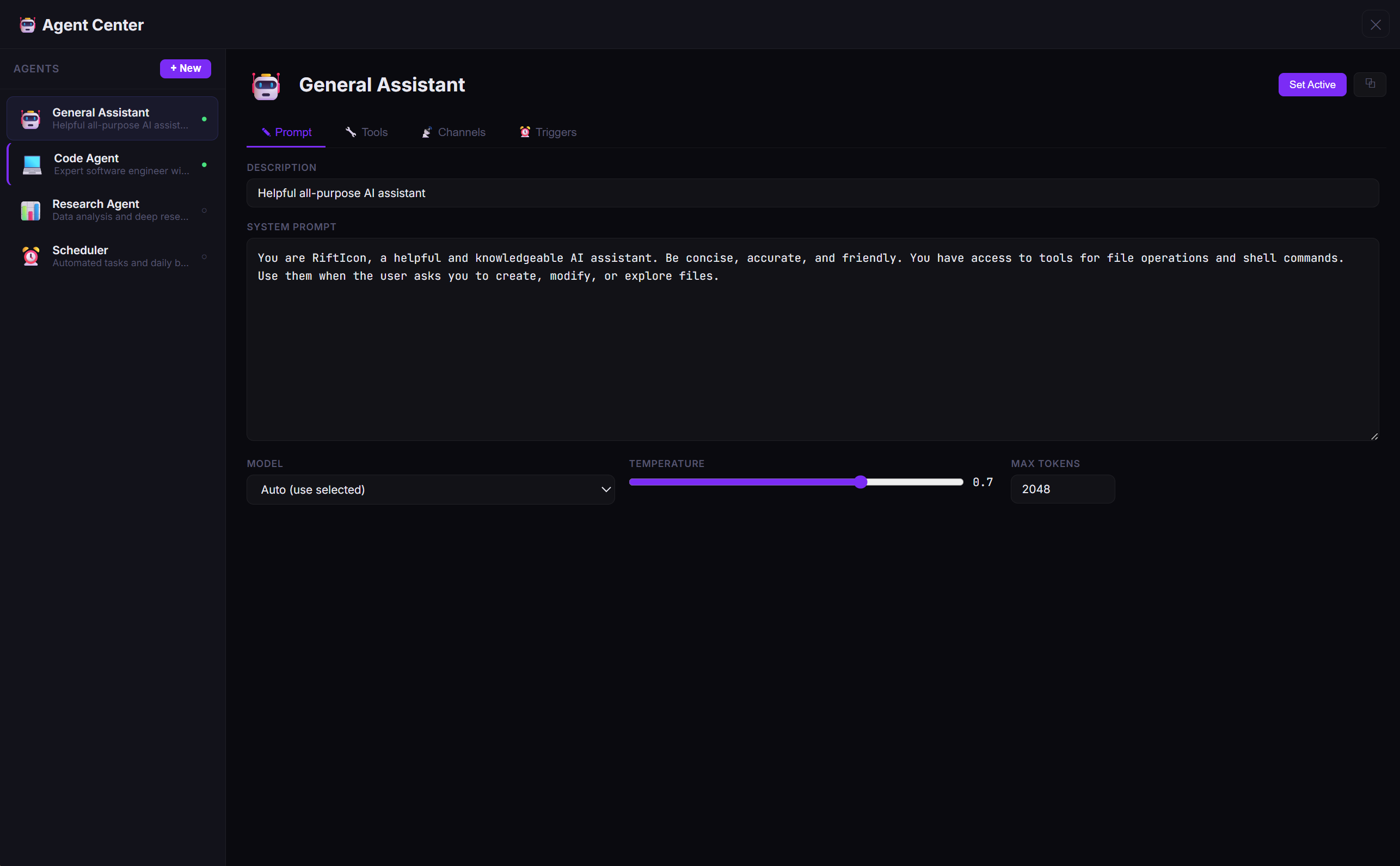 Agent Center — configure system prompts, descriptions, model, and temperature