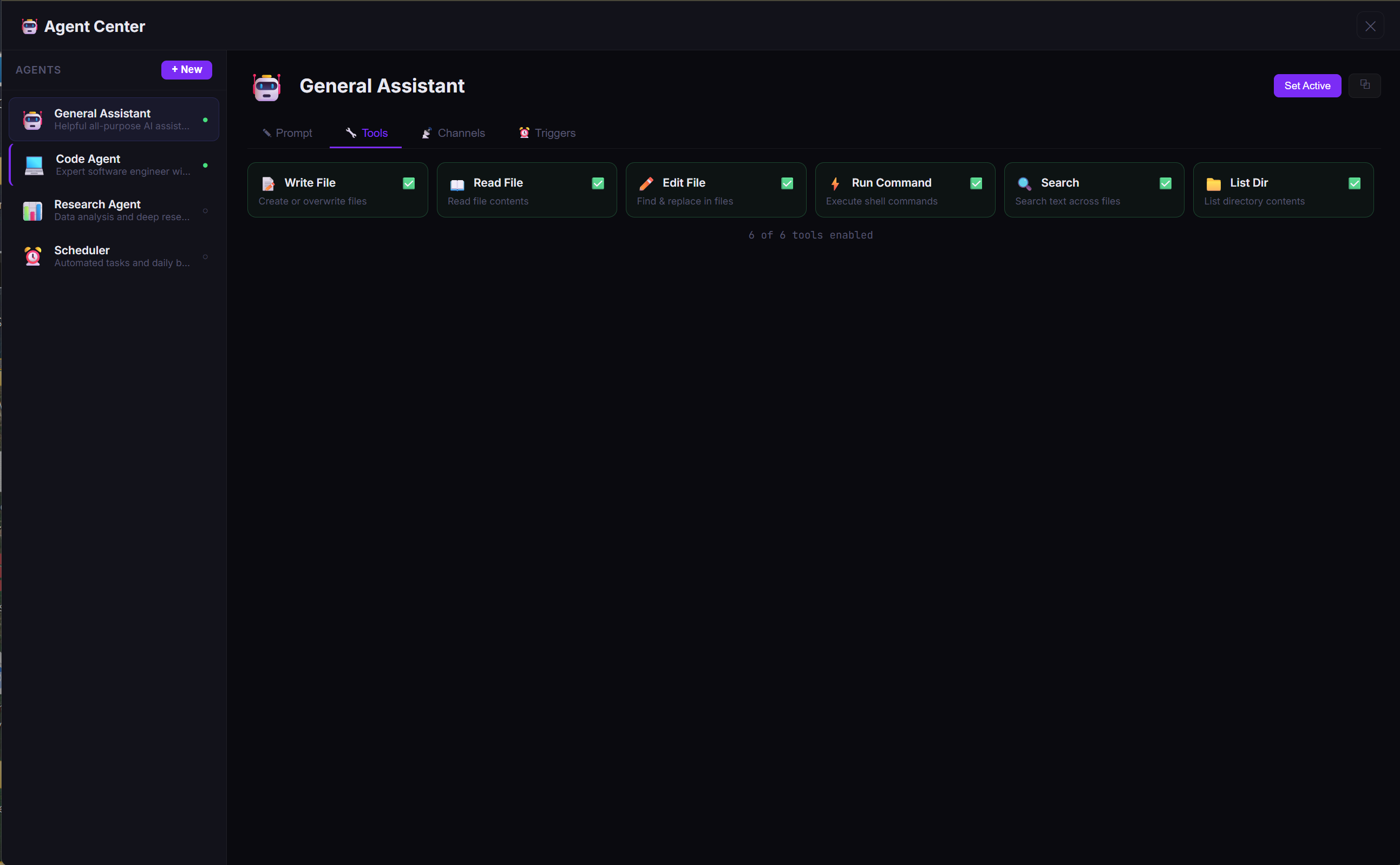 Agent Center — 6 built-in tools: Write File, Read File, Edit File, Run Command, Search, List Dir