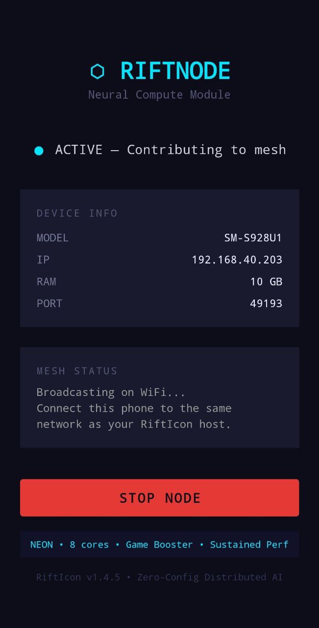 RiftNode Android app — Samsung Galaxy contributing 10 GB RAM to the mesh over WiFi