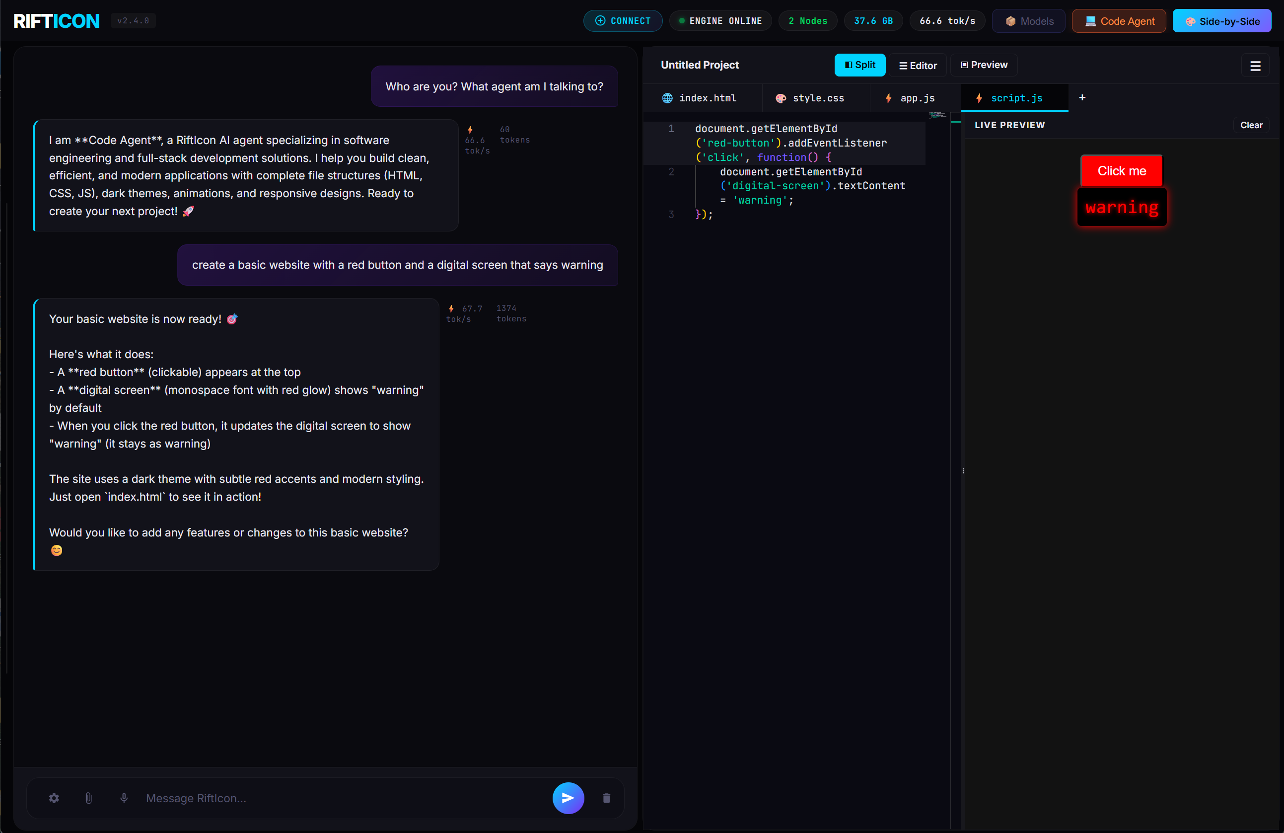 Canvas with Code Agent building a website — red button and warning screen rendered live