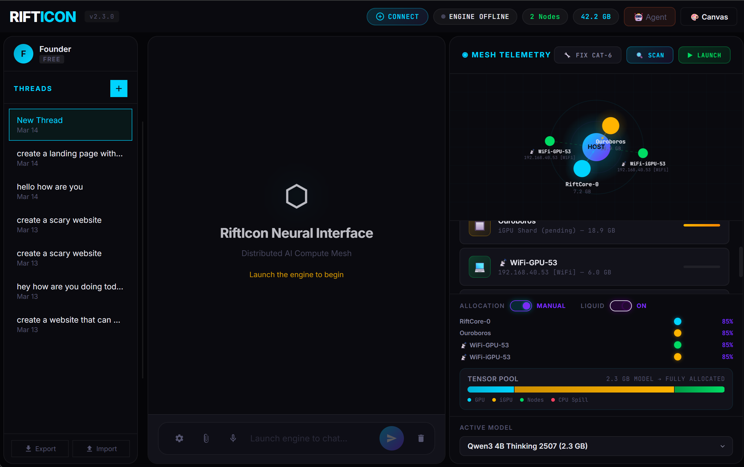 Mesh Telemetry — 4-node topology with tensor pool, device discovery, and model selection