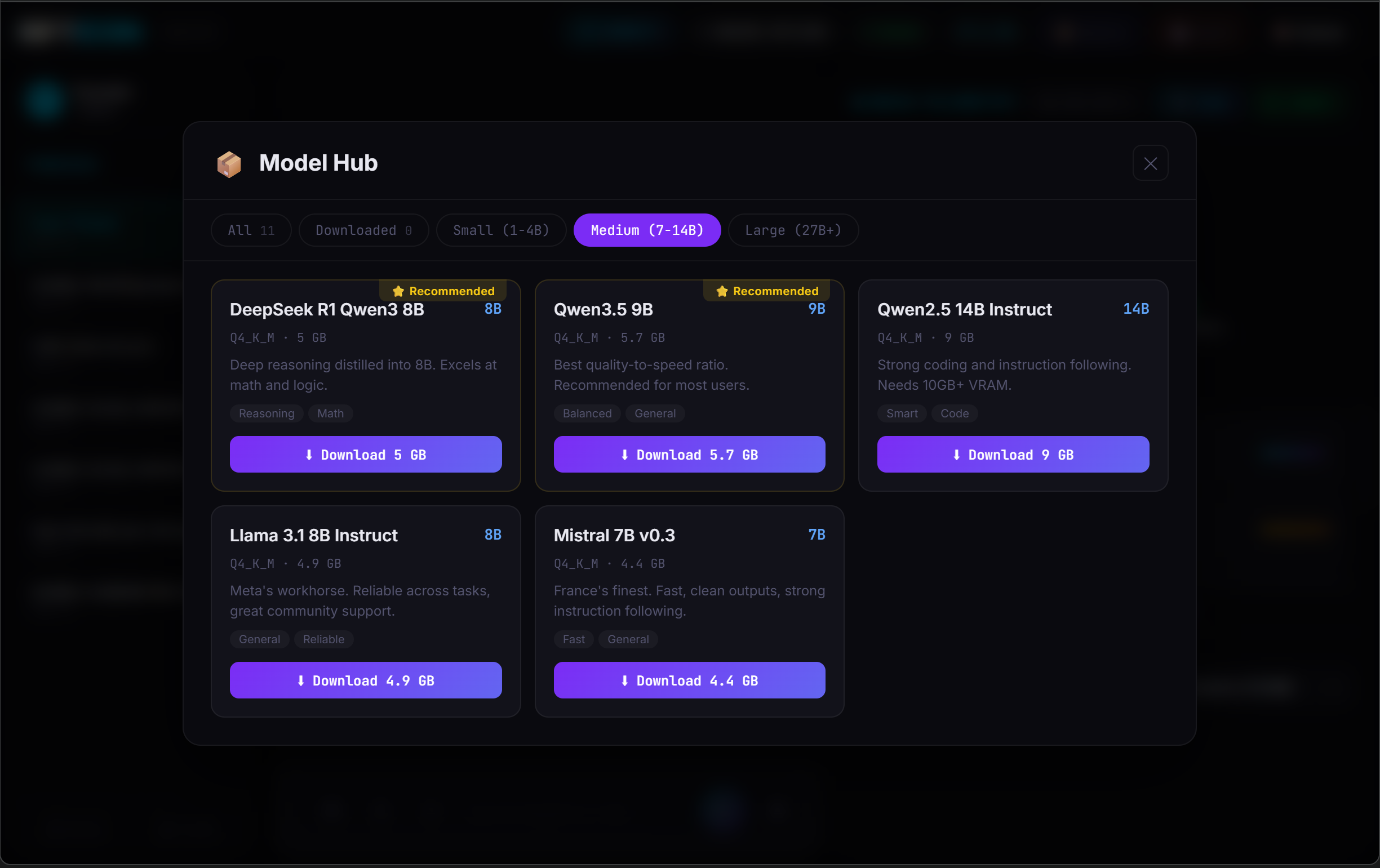 Model Hub — browse and download GGUF models with one-click install, filter by size and type